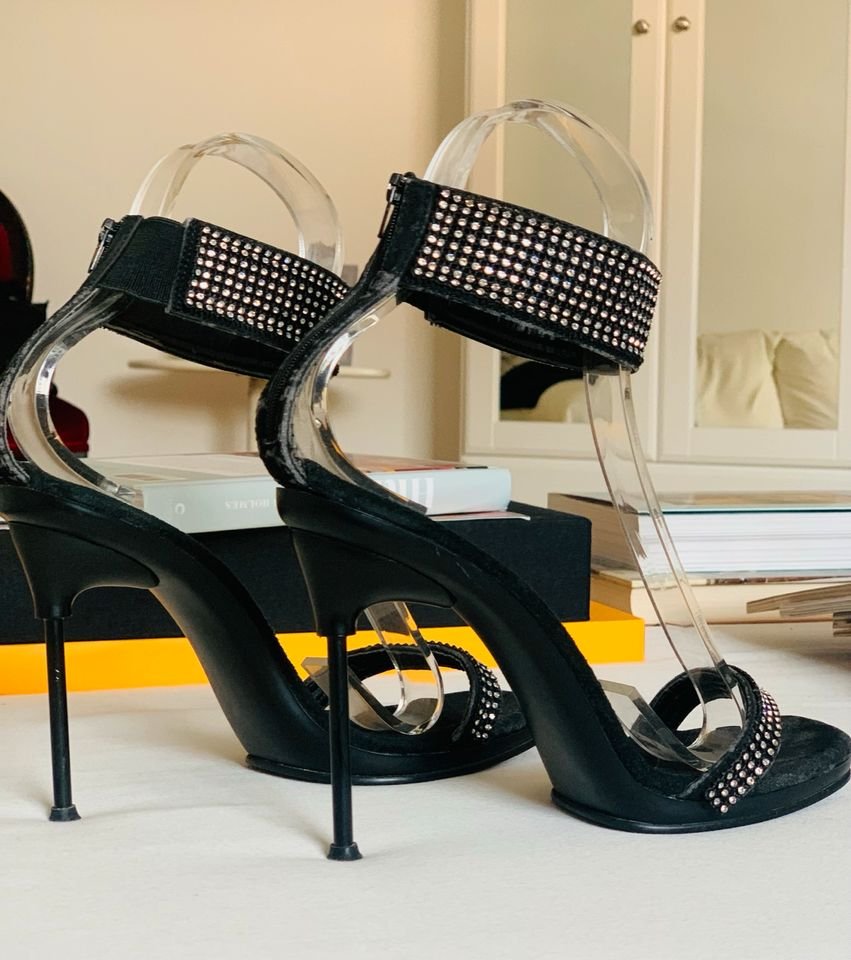 High Heels/Riemchen Sandalen, Gr.40, schwarz, Zirkonia Steine